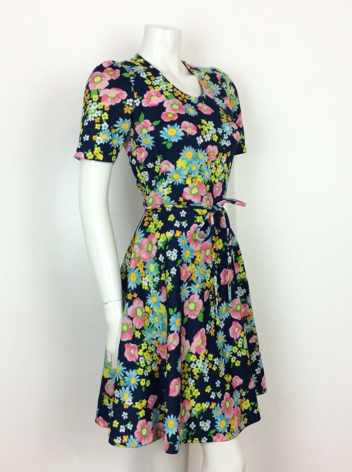 VINTAGE 60s 70s FLORAL A-LINE DRESS BLUE PINK YELLOW WHITE DITSY 8 10