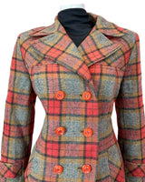 VINTAGE 60s 70s RED YELLOW BLACK CHECKED PLAIN MOD DOUBLE-BREASTED COAT 12 14