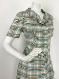 VINTAGE 60s 70s CREAM BLUE BROWN TARTAN PLAID MOD SHIRT COLLAR DRESS 12