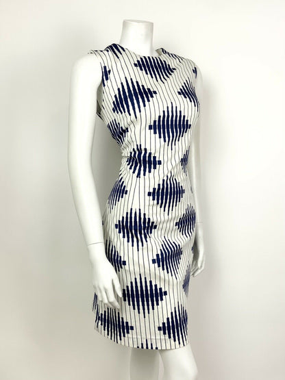 VINTAGE 60s 70s WHITE NAVY BLUE STRIPED DIAMOND GEOMETRIC WIGGLE DRESS 12 14