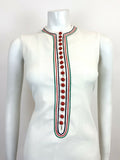 VINTAGE 60s 70s WHITE RED GREEN BUTTON BIB FRONT MOD SCOOTER SHIFT DRESS 6 8