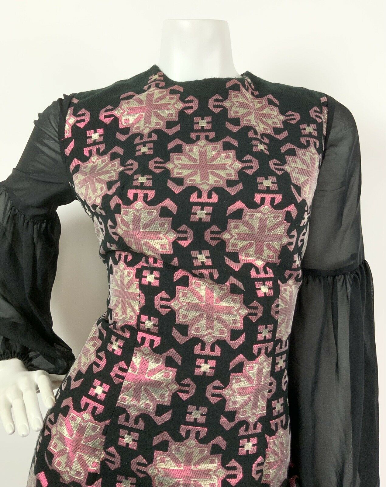 VTG 60s 70s BLACK METALLIC PINK GOLD AZTEC GEOMETRIC SHEER MAXI DRESS 10