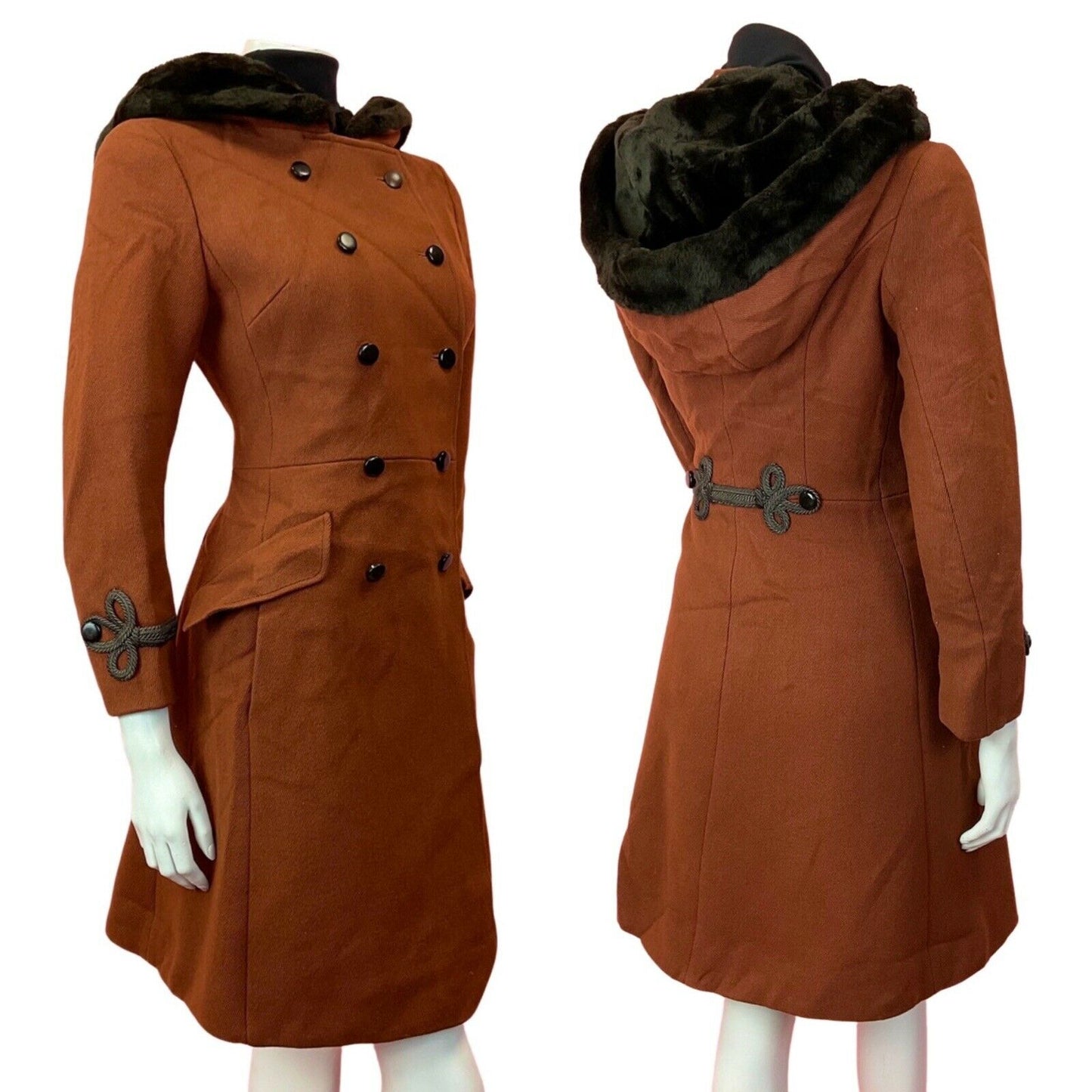 VINTAGE 60s 70s RUST ORANGE BROWN BROCADE FAUX FUR HOODED PRINCESS COAT 8 10