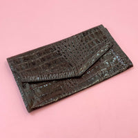 VINTAGE 70s WINE RED CROCODILE LEATHER GLAM CLUTCH BAG