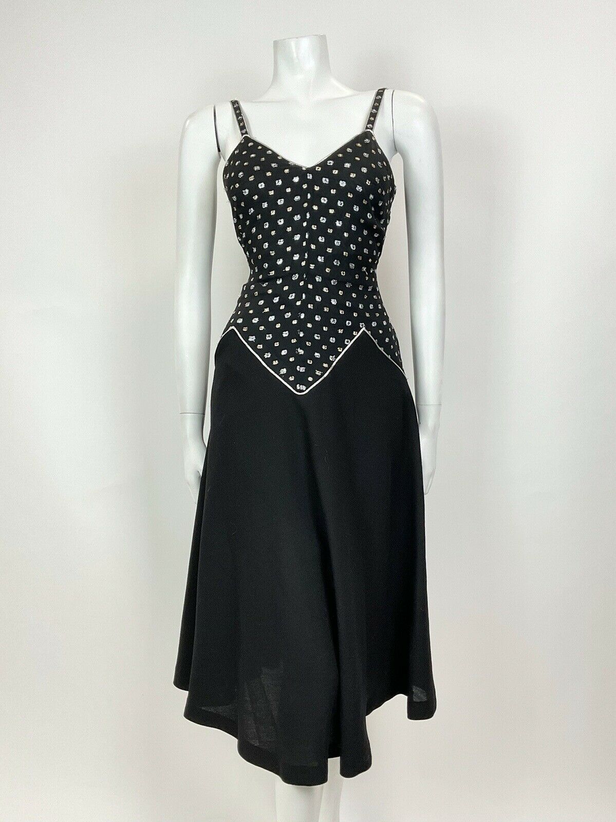 VINTAGE 60s 70s BLACK SILVER GOLD DOTTY DISCO STUDIO 54 STRAPPY SWING DRESS 10