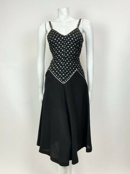 VINTAGE 60s 70s BLACK SILVER GOLD DOTTY DISCO STUDIO 54 STRAPPY SWING DRESS 10