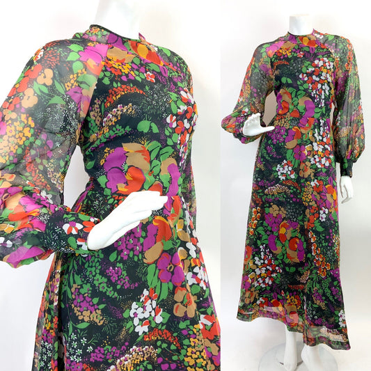 VTG 60s 70s BLACK PURPLE BEIGE FLORAL DITSY PSYCHEDELIC SHEER MAXI DRESS 8 10