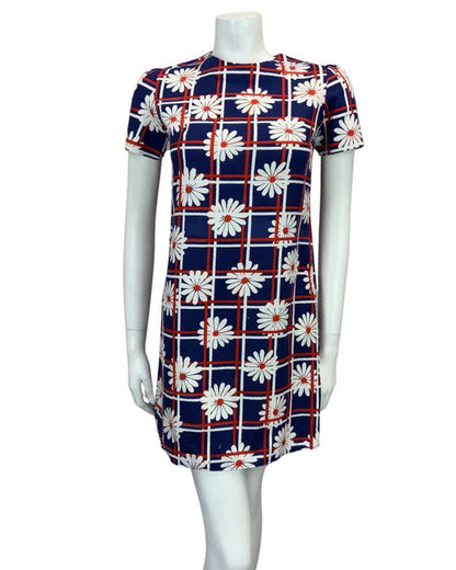 VINTAGE 60s 70s NAVY BLUE RED WHITE DAISY PRINT MINI MOD DRESS 6 8