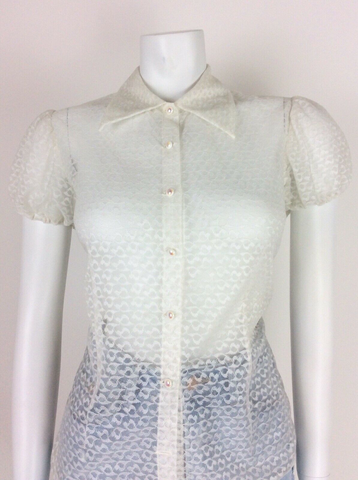 VINTAGE 60s 70s WHITE SHEER LACE MOD POINTED COLLAR SHIRT BLOUSE 12 14