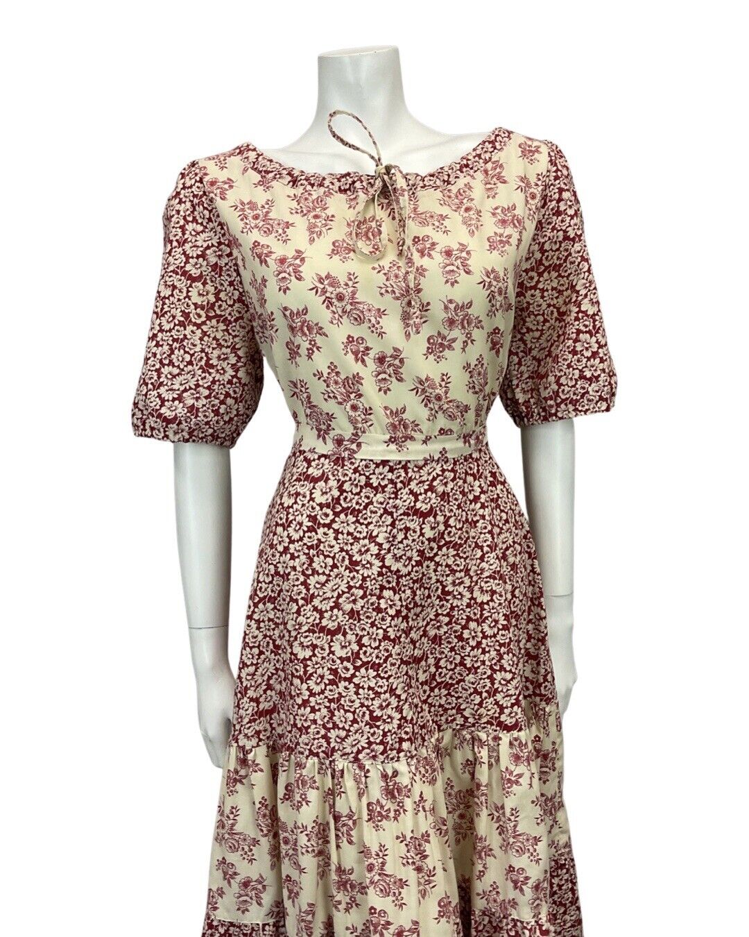 VINTAGE DIOLEN 70s DUSTY PINK CREAM FLORAL PRINT BOHO FOLK MIDI DRESS 10 12