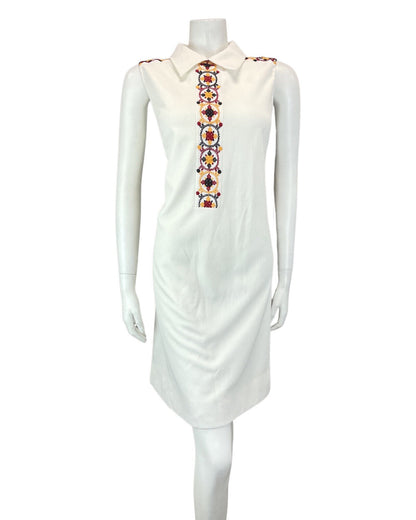 VTG 60s 70s WHITE RED BLACK EMBROIDERED CROSS-STITCH MOD SLEEVELESS DRESS 12 14