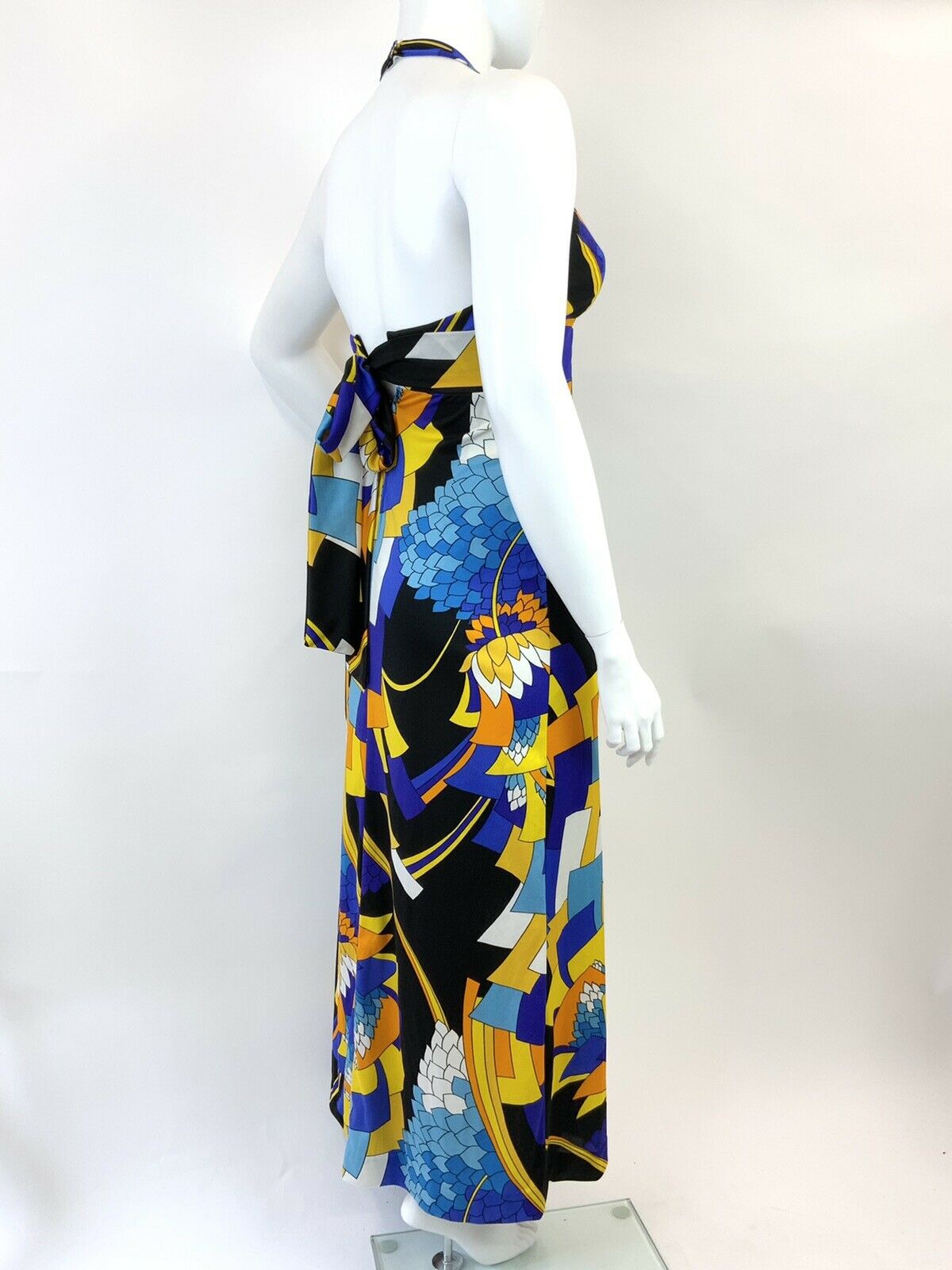 VINTAGE 60s 70s BLUE YELLOW BLACK GEOMETRIC FLORAL HALTER MAXI DRESS 14 16