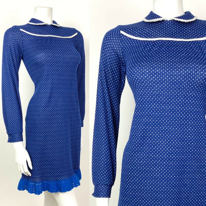 VINTAGE 60s 70s BLUE WHITE POLKADOT PETER PAN COLLAR CROCHETED SHIFT DRESS 6 8