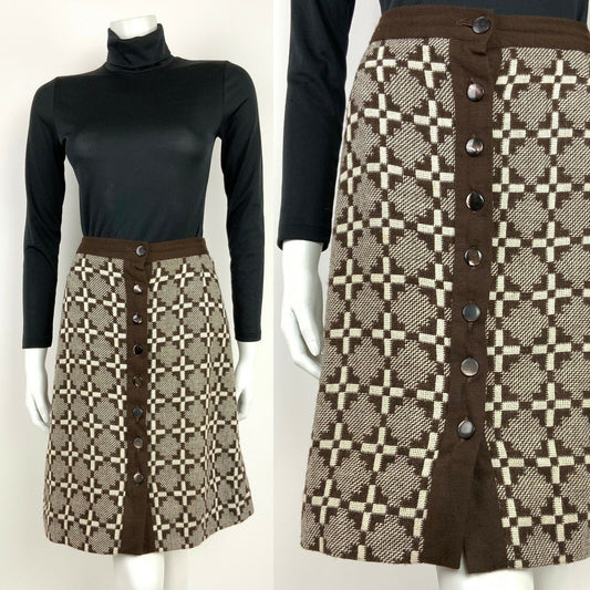 VINTAGE 60s 70s BROWN WHITE GEOMETRIC ABSTRACT MIDI A-LINE SKIRT 8 10