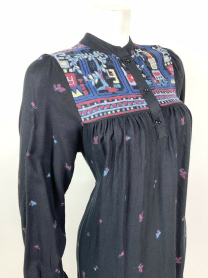 VINTAGE 60s 70s BLACK BLUE RED GEOMETRIC FLORAL KAFTAN BOHO FOLK DRESS 10 12