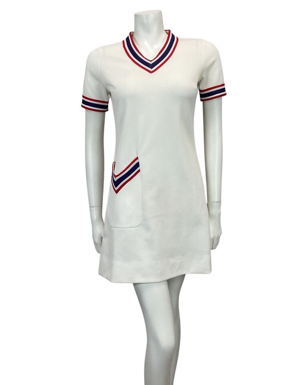 VINTAGE 60s 70s WHITE NAVY RED MINI TENNIS MOD PREPPY DRESS 10