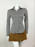 VINTAGE 60s 70s WHITE BLACK GEOMETRIC CHECKERBOARD MOD SHIRT BLOUSE 10 12