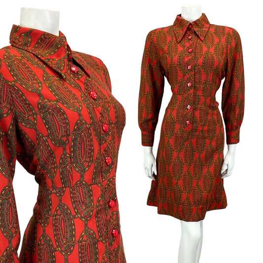 VINTAGE 60S 70S RED GREEN YELLOW PATTERNED DAGGAR COLLAR MINI DRESS 12 14