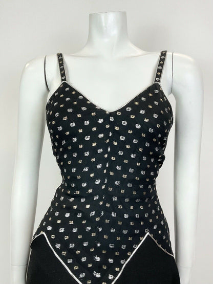 VINTAGE 60s 70s BLACK SILVER GOLD DOTTY DISCO STUDIO 54 STRAPPY SWING DRESS 10