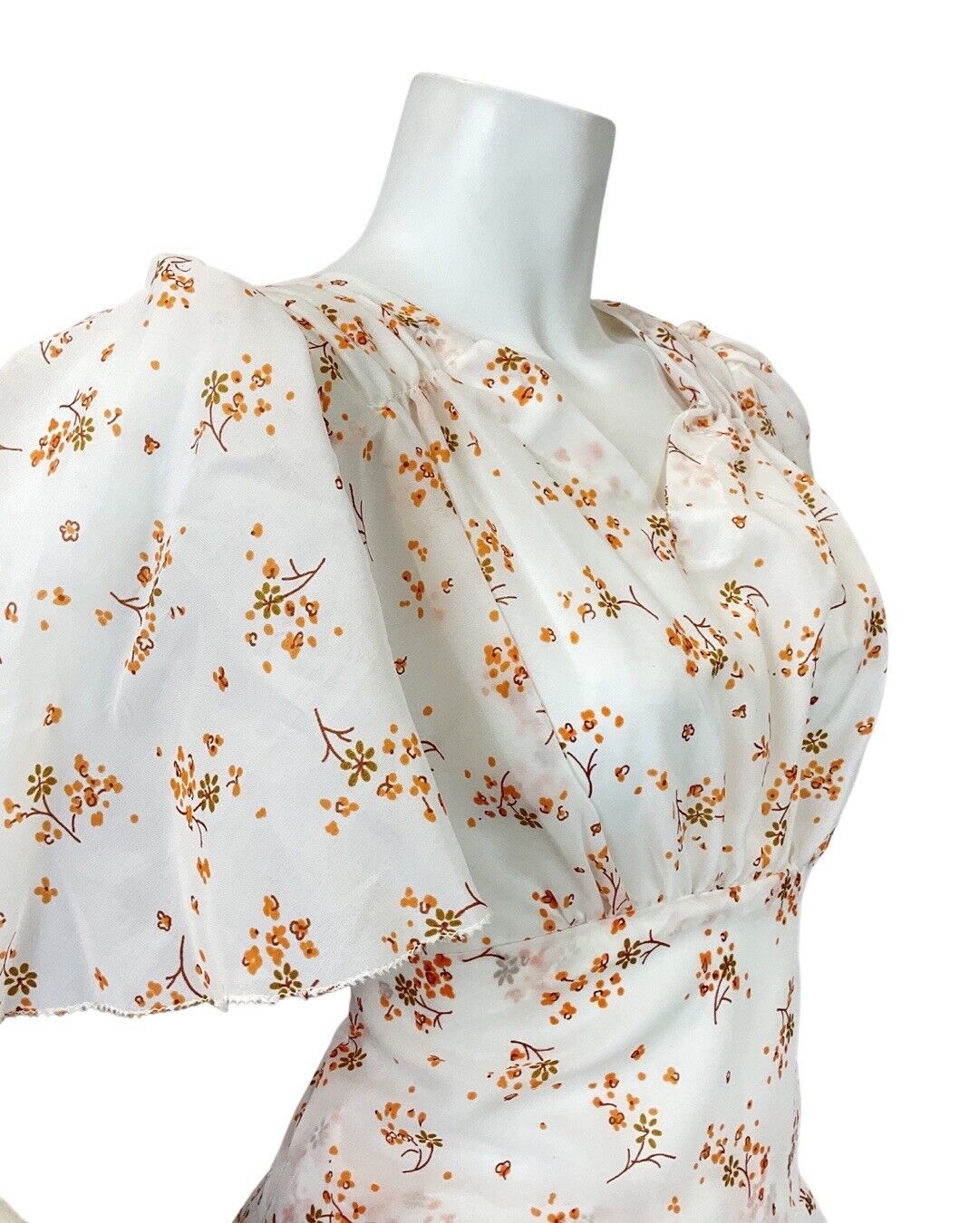 VINTAGE 60s 70s WHITE ORANGE BROWN FLORAL DITSY PRAIRIE BOHO MAXI DRESS 12 14