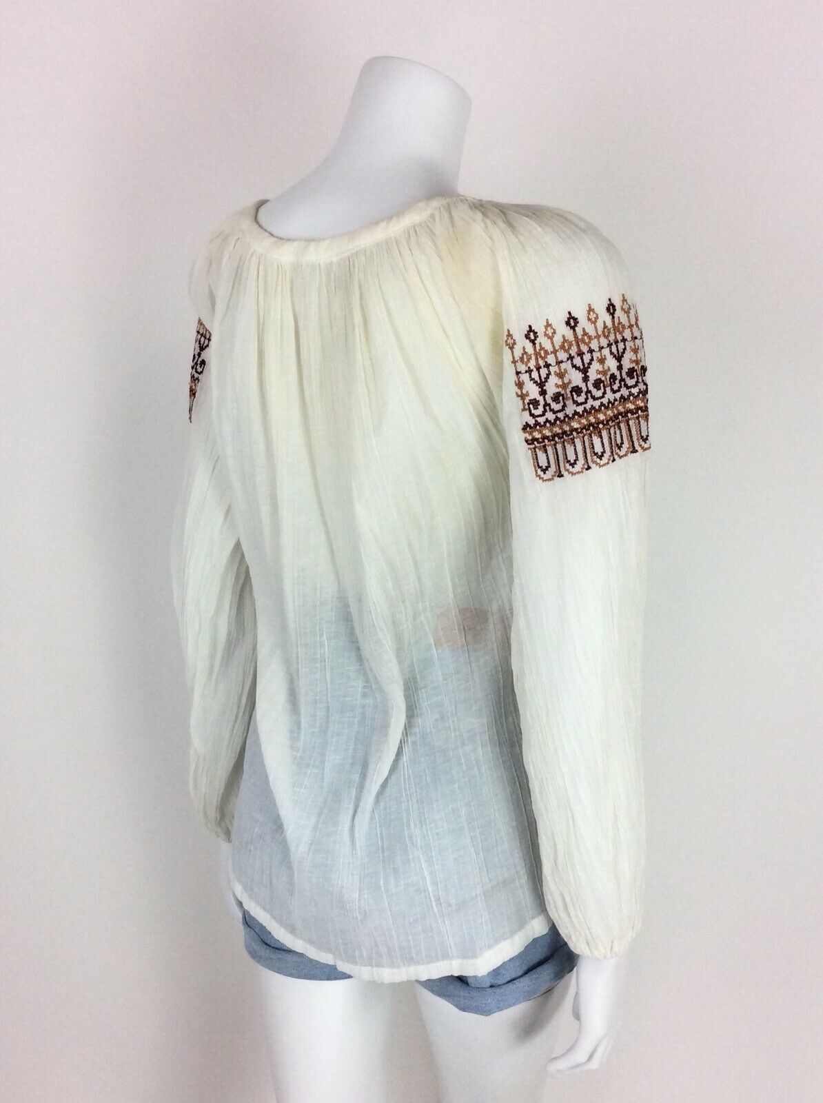 VINTAGE 60s 70s ETHNIC PEASANT TOP WHITE CREAM RED BROWN HIPPY 12 14