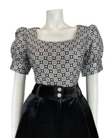 VINTAGE 60s 70s SILVER BLACK GEOMETRIC DISCO STUDIO 54 LUREX BLOUSE 14 16