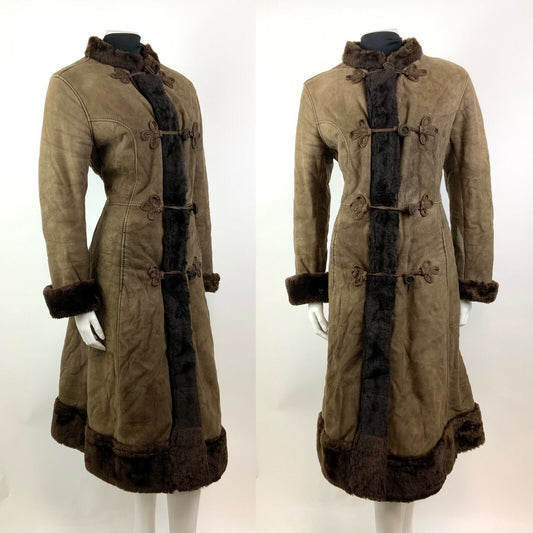 VINTAGE 60s 70s DARK BROWN SUEDE LEATHER ZHIVAGO BROCADE PRINCESS COAT 10