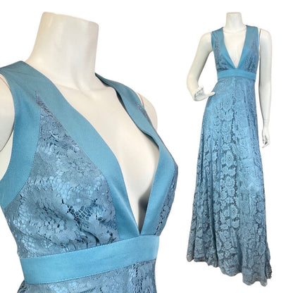 VINTAGE 60s 70s BLUE FLORAL LACE PLUNGING V-NECK SLEEVELESS MAXI DRESS GOWN 10