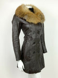 VTG 60s 70s BROWN CREAM FUR TRIM DOUBLE BREASTED PENNY LANE LEATHER COAT 8 10