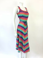 VTG 60s 70s GREEN BLUE RED RAINBOW STRIPED STRAPPY APRON SUMMER SUN DRESS 6 8