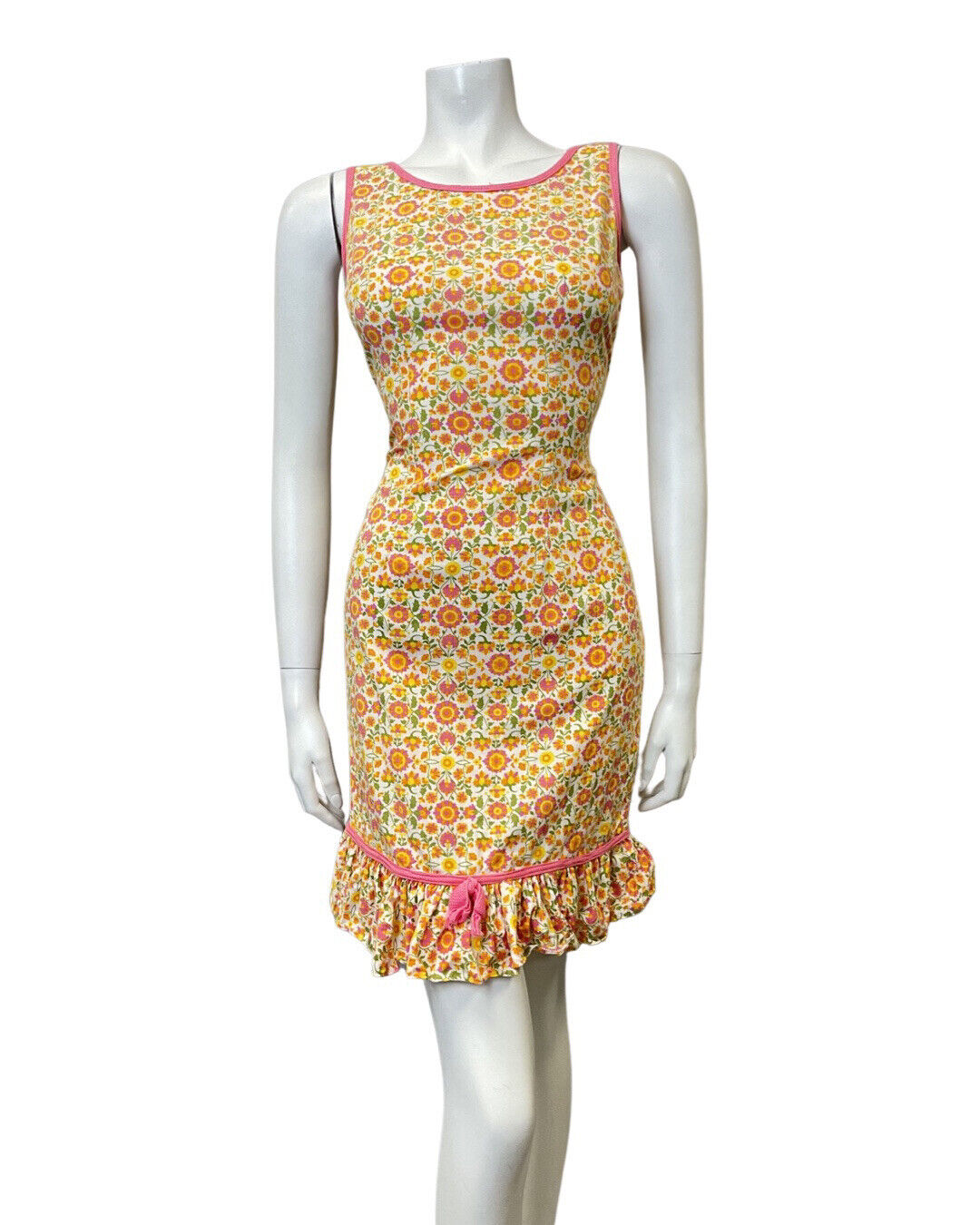 VINTAGE 60s 70s ORANGE PINK WHITE DITSY FLOWER SLEEVELESS MOD MINI DRESS 8 10