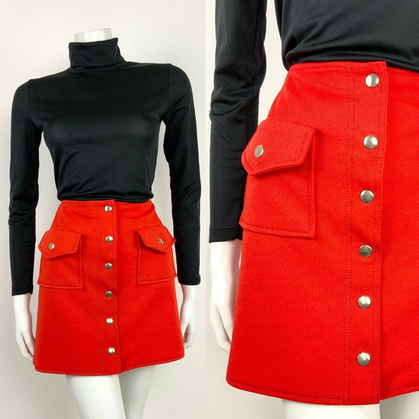 VINTAGE 60s 70s PILLARBOX RED SILVER BUTTON POCKETED MOD GOGO MINI SKIRT 8