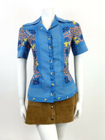 VTG 60s 70s BLUE YELLOW ORANGE FLORAL PSYCHEDELIC CHECKED DAGGER BLOUSE TOP 12