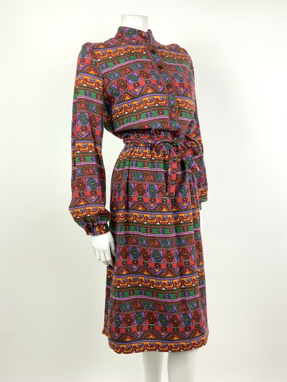 VTG 60s 70s PURPLE RED GREEN YELLOW AZTEC GEOMETRIC TRIBAL DRESS 8 10 12