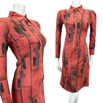 VINTAGE 60s 70s RED BLACK ART DECO PRINT DAGGAR COLLAR MOD MIDI DRESS 10 12