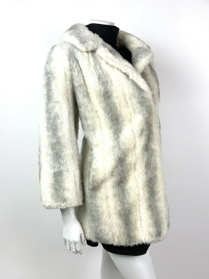 VINTAGE 60s 70s WHITE GREY BLACK STRIPED STUDIO 54 GLAM FAUX FUR COAT 14 16