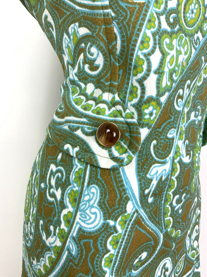 VINTAGE 60s 70s BLUE GREEN BROWN WHITE FLORAL PSYCHEDELIC PAISLEY DRESS 12 14