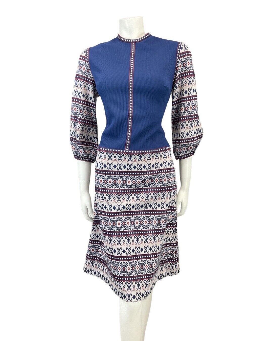 VINTAGE 60s 70s BLUE RED WHITE GEOMETRIC TILED PUFF SLEEVE MOD MIDI DRESS 12