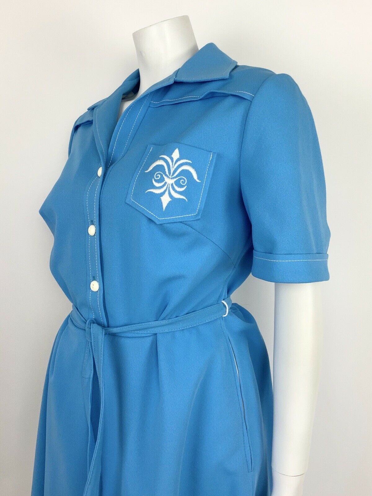 VINTAGE 60s 70s BLUE WHITE FLEUR DE LIS SHIRT WAIST BELTED DRESS SUMMER 14 16