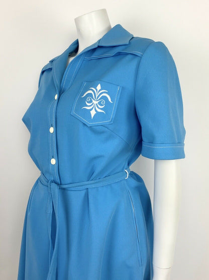 VINTAGE 60s 70s BLUE WHITE FLEUR DE LIS SHIRT WAIST BELTED DRESS SUMMER 14 16