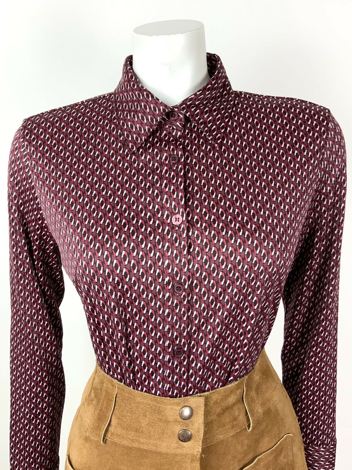 VINTAGE 70s STYLE 90s WINE RED PINK WHITE GEOMETRIC MOD SHIRT BLOUSE 12 14