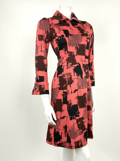 VINTAGE 60s 70s RED BLACK BROWN ABSTRACT SQUARE WING COLLAR ASYMMETRIC DRESS 8