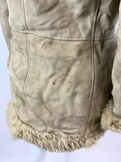 VTG 60s 70s CREAM IVORY SUEDE LEATHER SHEARLING BOHO FOLK PENNY LANE COAT 12 14