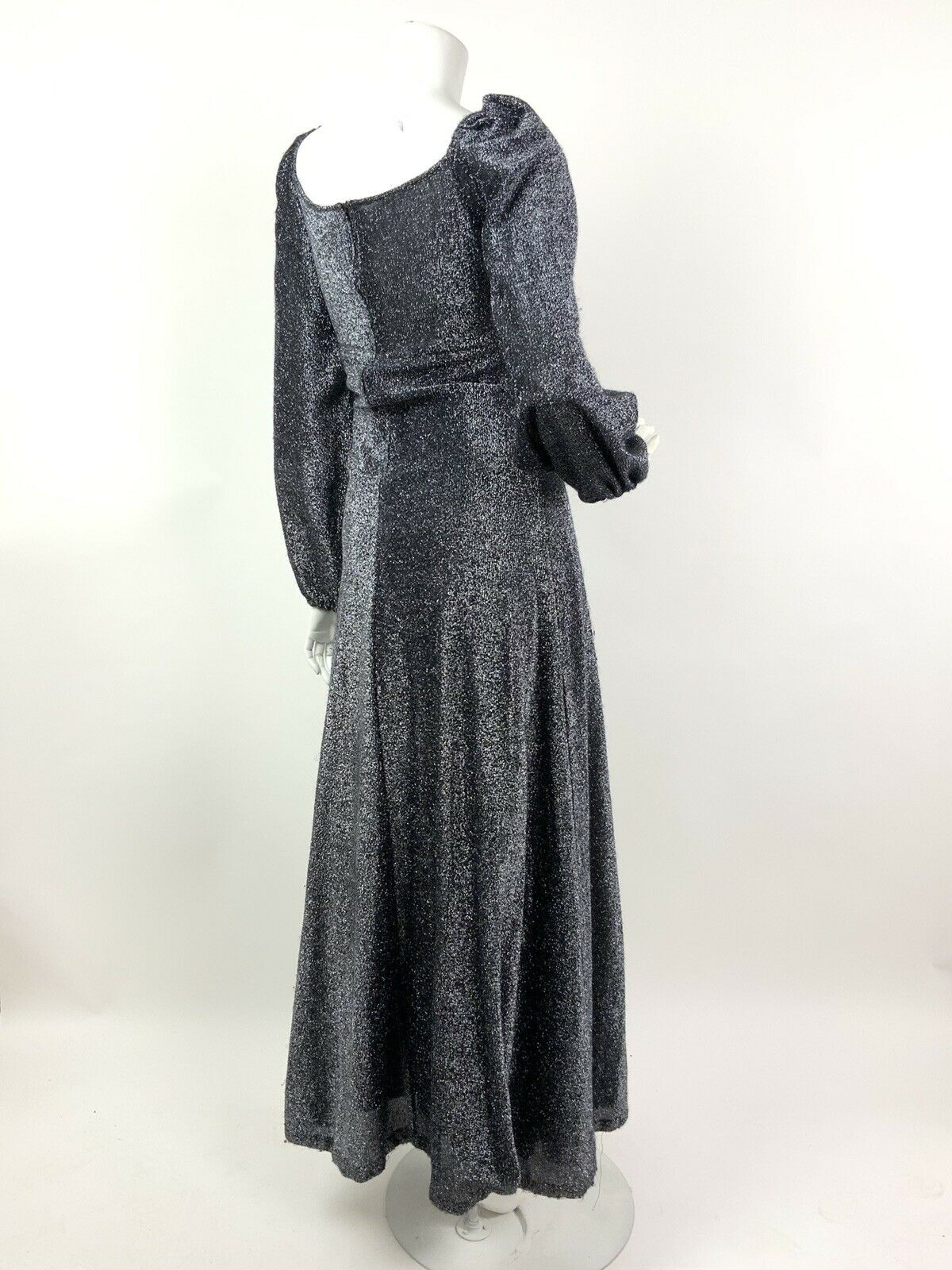 VTG 60s 70s BLACK SILVER GLITTER LUREX SWEETHEART DISCO GLAM MAXI DRESS 10