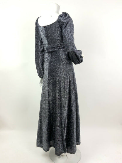 VTG 60s 70s BLACK SILVER GLITTER LUREX SWEETHEART DISCO GLAM MAXI DRESS 10