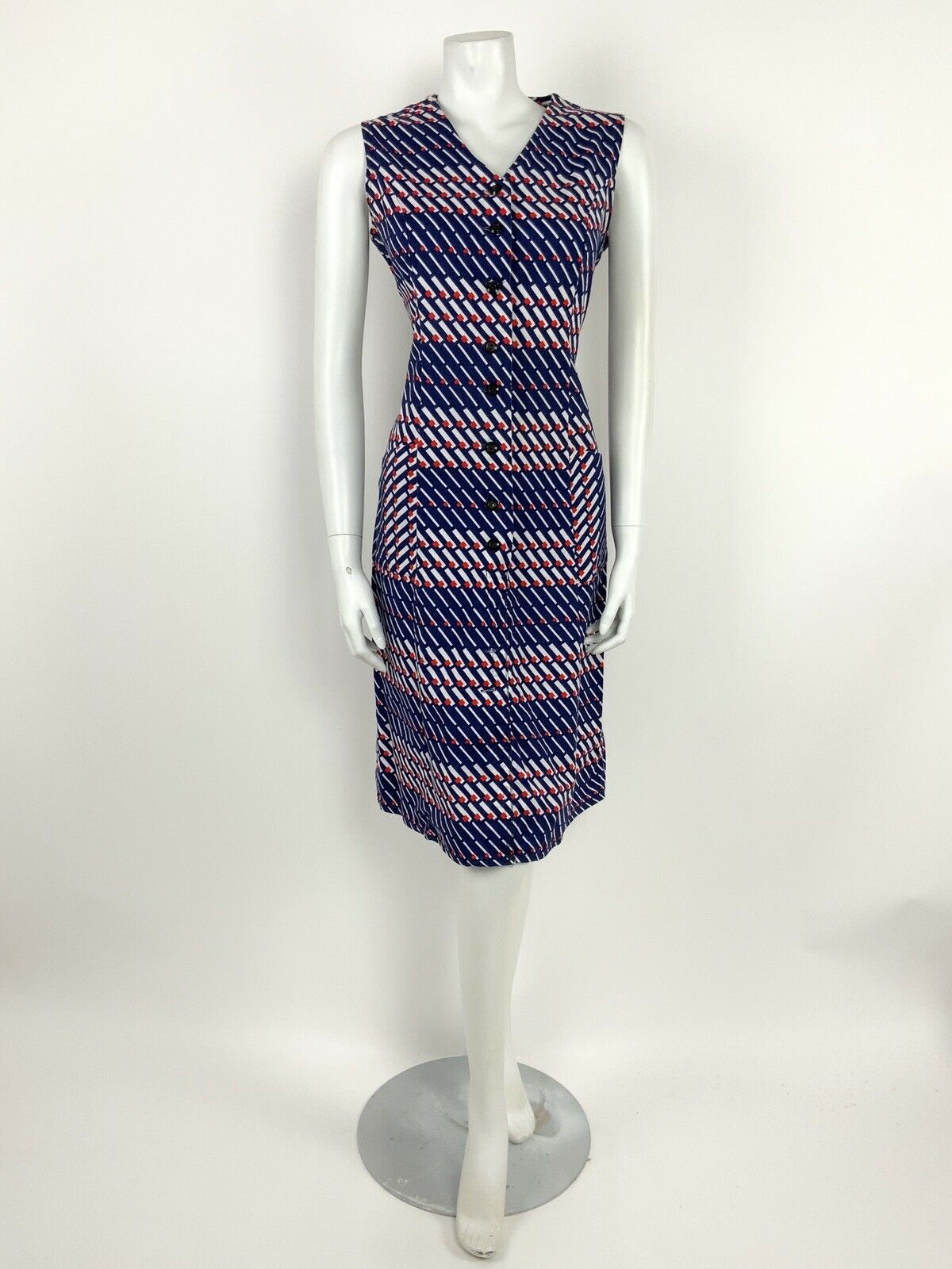 VINTAGE 60s 70s BLUE WHITE RED GEOMETRIC STRIPED MOD DRESS 12 14