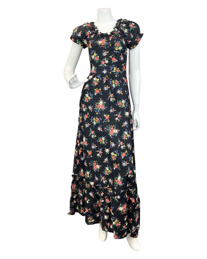 VINTAGE 60s 70s BLACK RED GREEN FLORAL BOUQUET BOHO PRAIRIE SUMMER MAXI DRESS 6