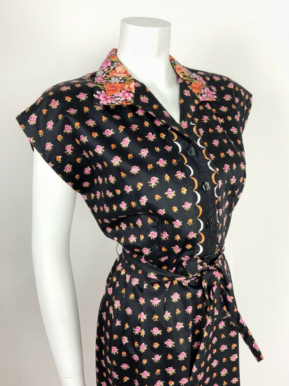 VTG 60s 70s BLACK ORANGE PINK OLIVE FLORAL SCALLOPED SHIRT WAIST DRESS 12 14