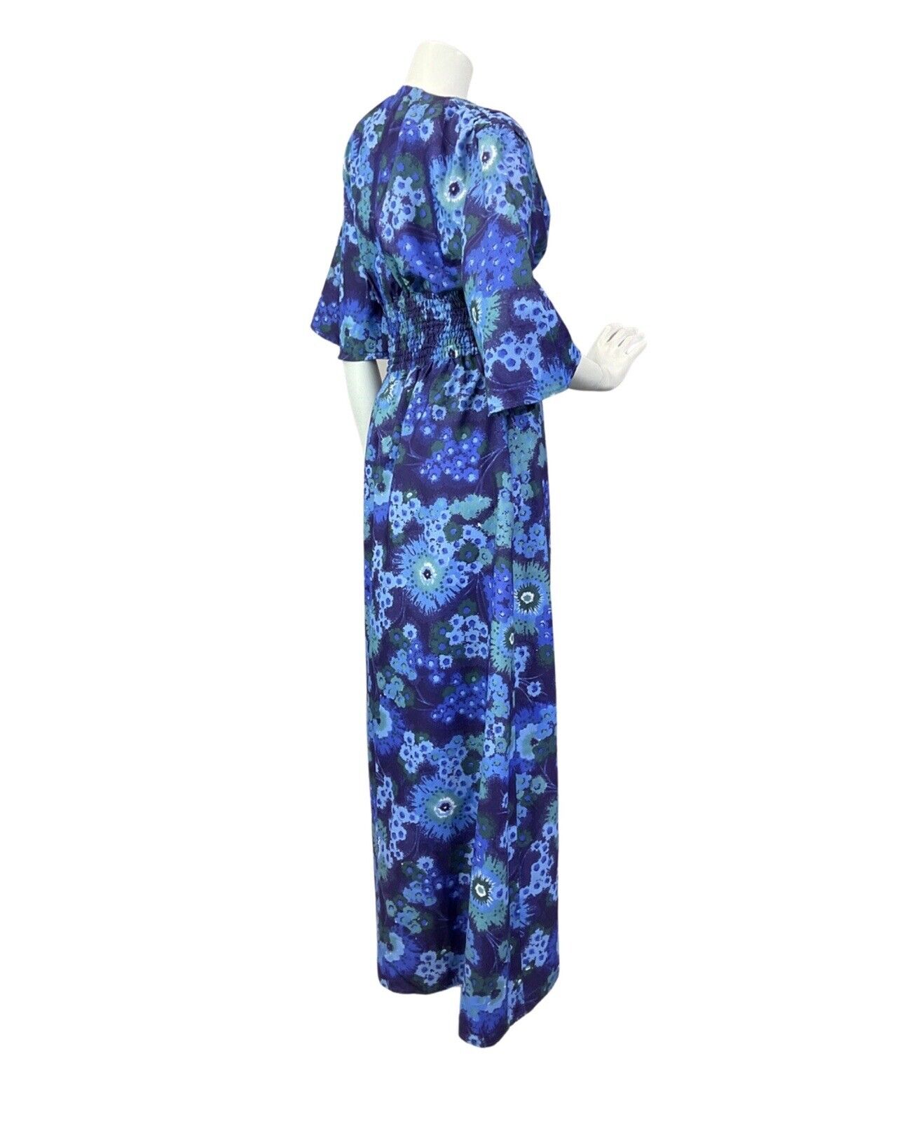 VINTAGE 60s 70s BLUE PSYCHEDELIC FLORAL SHIRRED BOHO MAXI DRESS 8