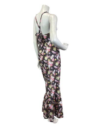 VINTAGE 60s 70s BLACK PINK YELLOW FLORAL DITSY RUFFLED HALTER MAXI DRESS 8 10